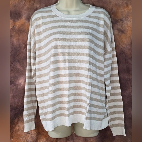 JCrew Sweater Crewneck Long Sleeve Tan Sand Fawn Cream White Striped L - Picture 4 of 9